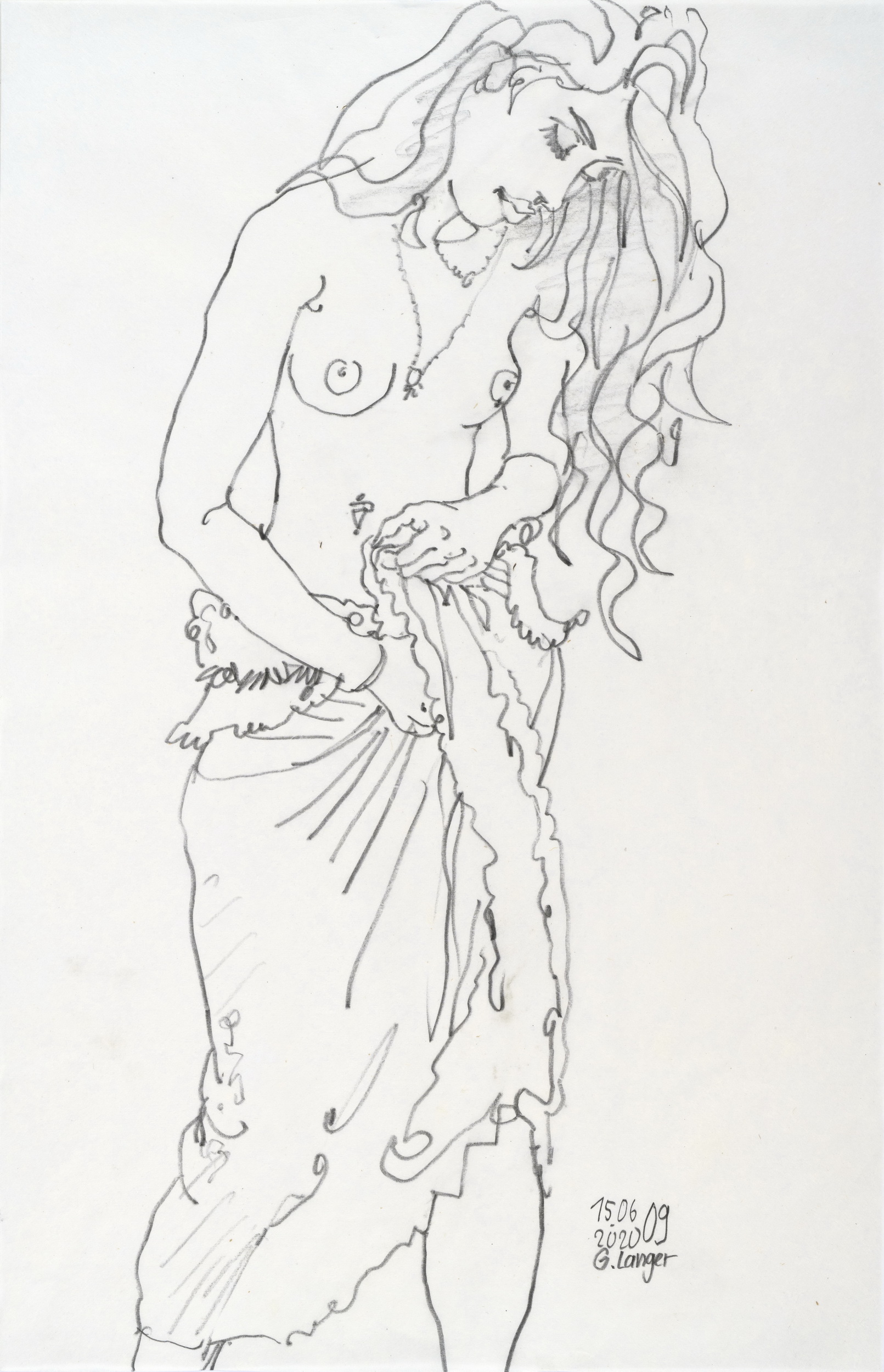 Gunter Langer, Halb angezogenes Mädchen mit gerafftem Kleid, Vollkommenheit , 2020, Zeichnung, Japanpapier, 70 x 45 cm
